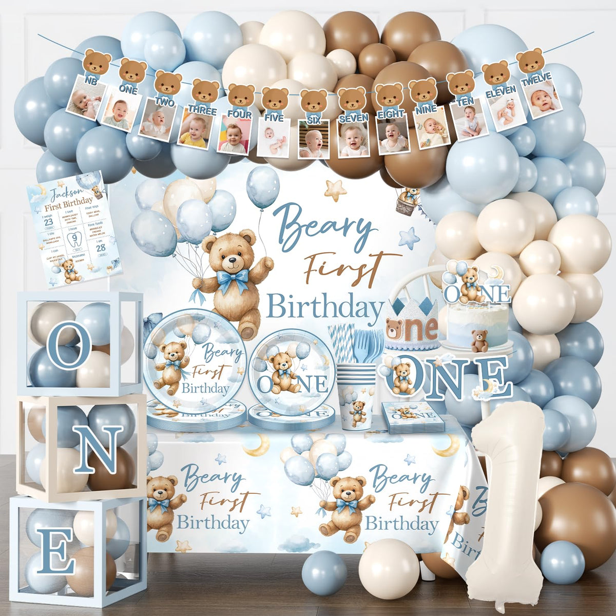 Fexivo Beary First Banner Backdrop in blue, brown, white for charming photos.