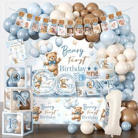 Fexivo Beary First Banner Backdrop in blue, brown, white for charming photos.