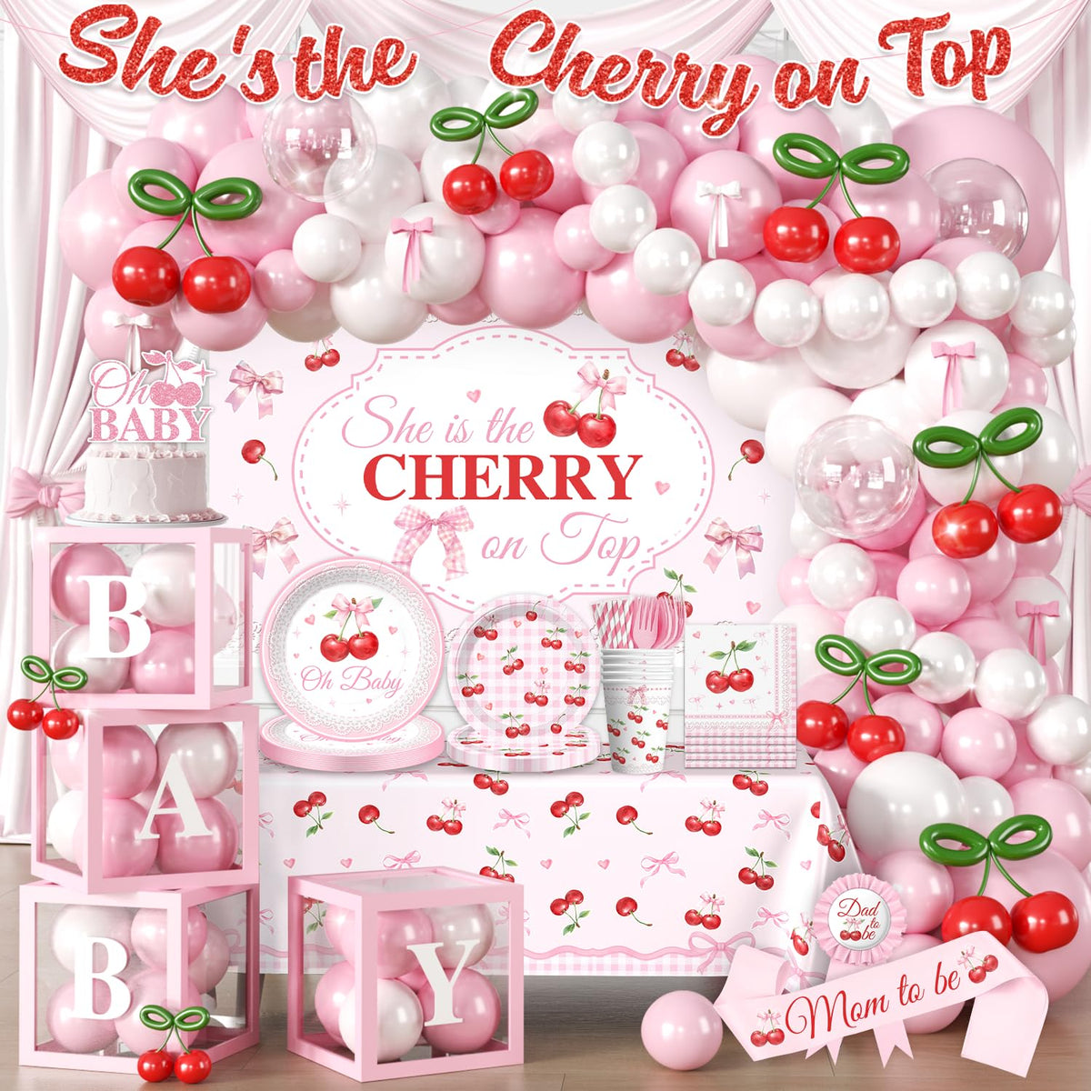 Fexivo Cherry on Top banner for a pink baby shower photo-worthy setup.