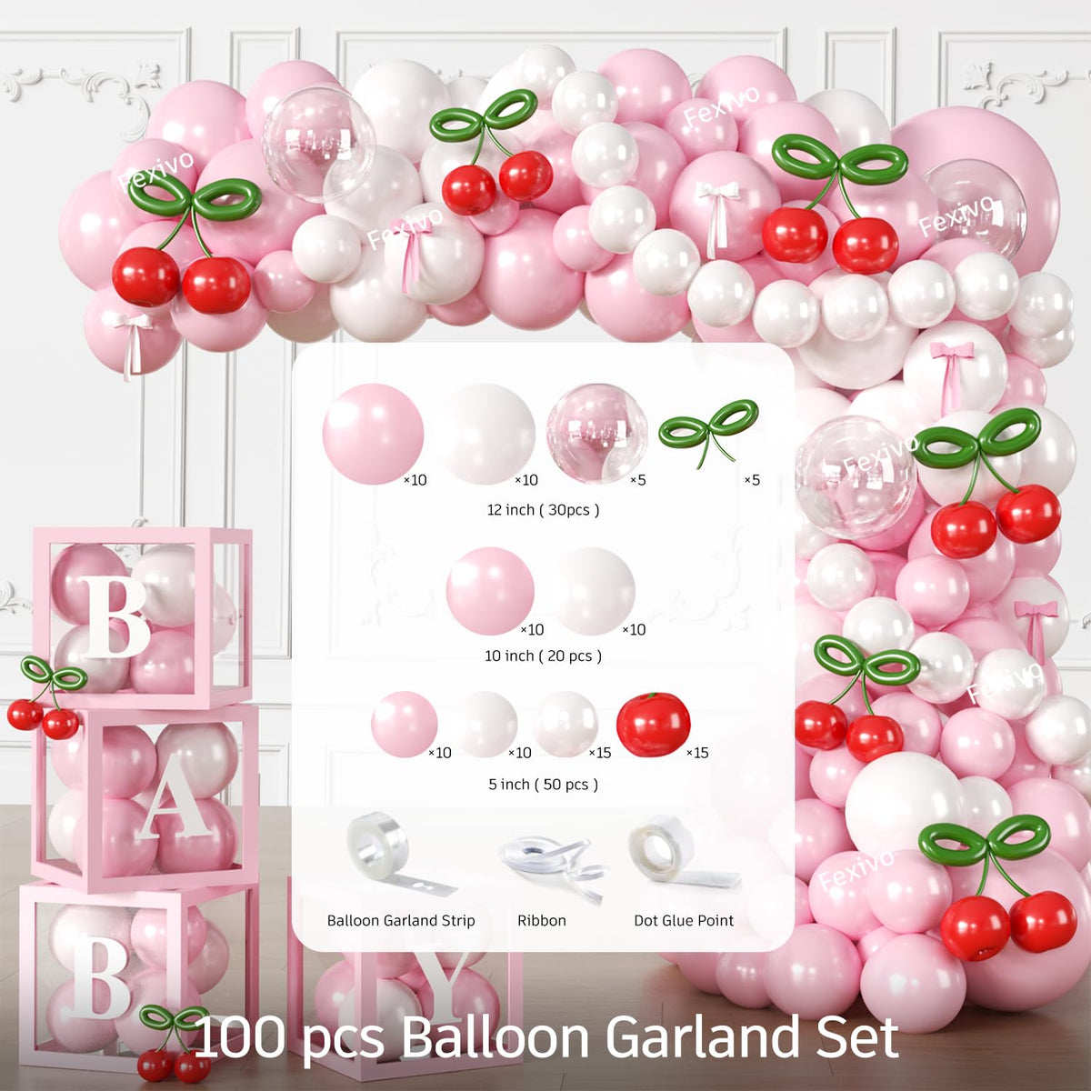Fexivo cherry tableware decor covers plates, cups, and napkins for 20 guests.