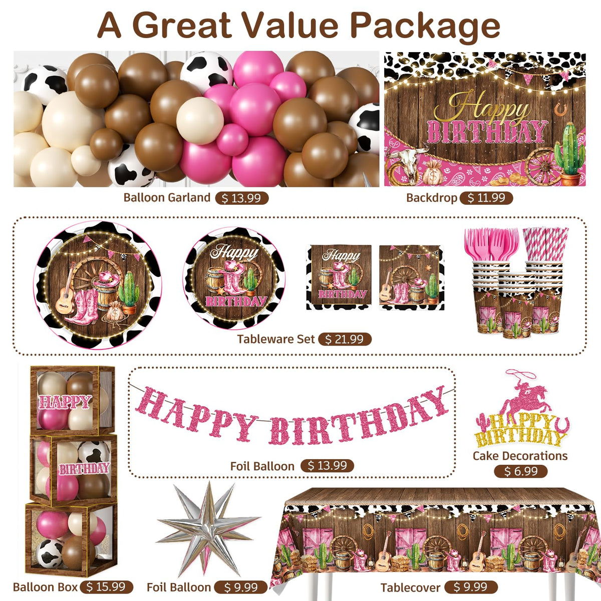 Fexivo cowgirl balloon boxes provide playful accents for table displays.