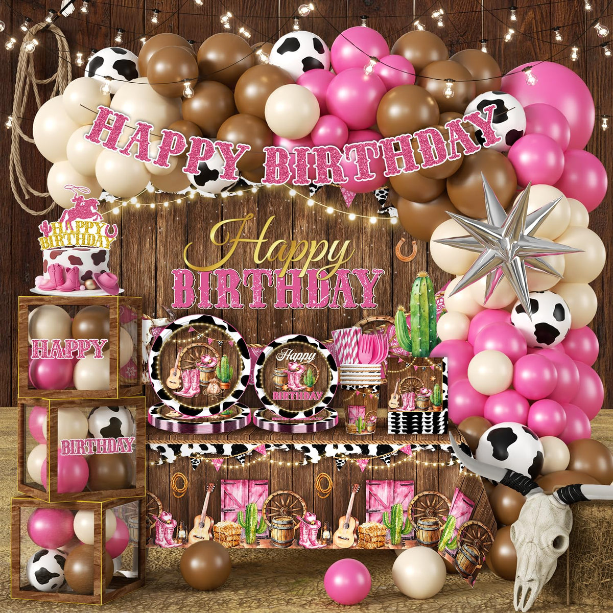 Fexivo Cowgirl birthday balloon garland creates a festive centerpiece for photos.