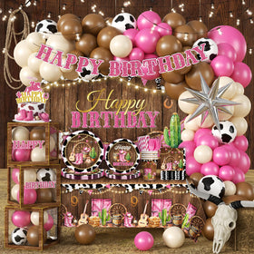 Fexivo Cowgirl birthday balloon garland creates a festive centerpiece for photos.