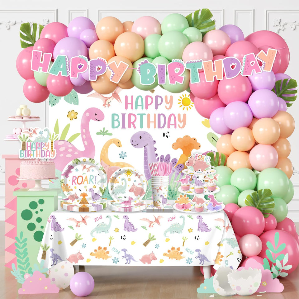 Fexivo pink dinosaur arch balloons creates a striking photo backdrop