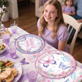 Fexivo pink-purple tablecloth sets a vibrant base for butterfly party.