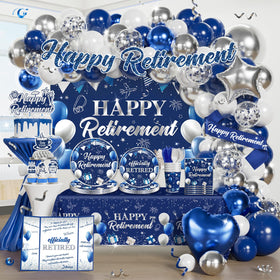 Fexivo retirement banner adds bold blue-silver flair to party décor.