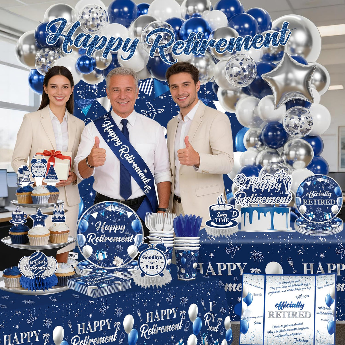 Fexivo retirement foil balloons in heart and star shapes add festive accents.