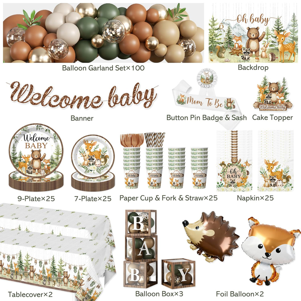 Fexivo woodland baby shower backdrop sets a forest scene for photos.