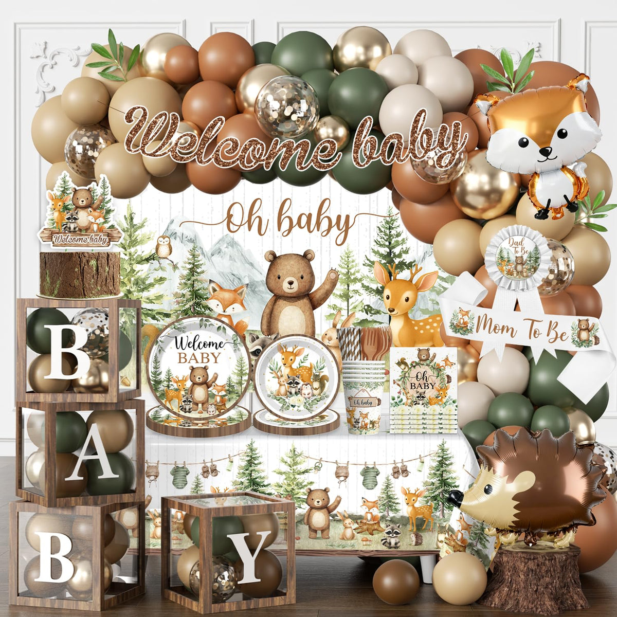 Fexivo woodland baby shower balloon garland creates a photo-ready centerpiece.
