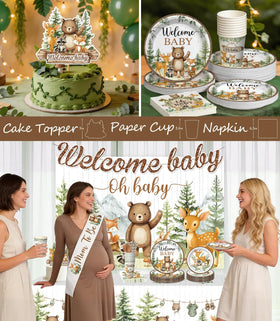 Fexivo woodland baby shower banner enhances the forest theme.