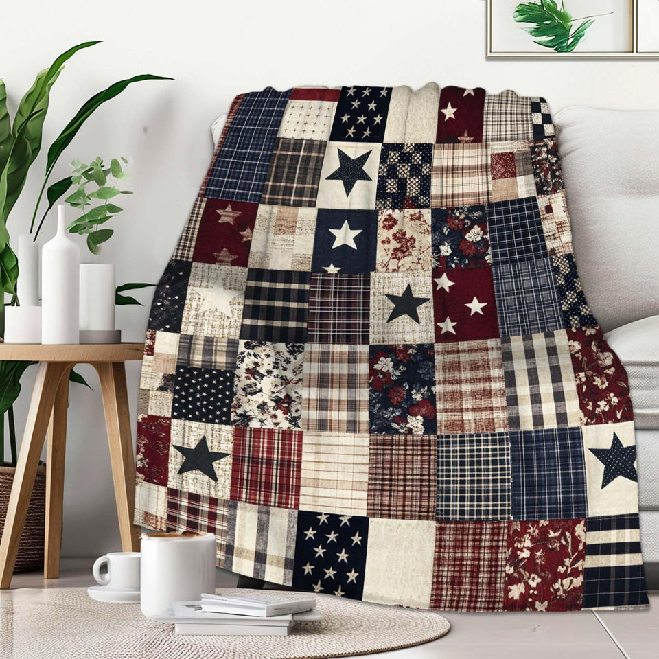 FexNuvko printed patchwork Americana throw front pattern brightens living spaces.