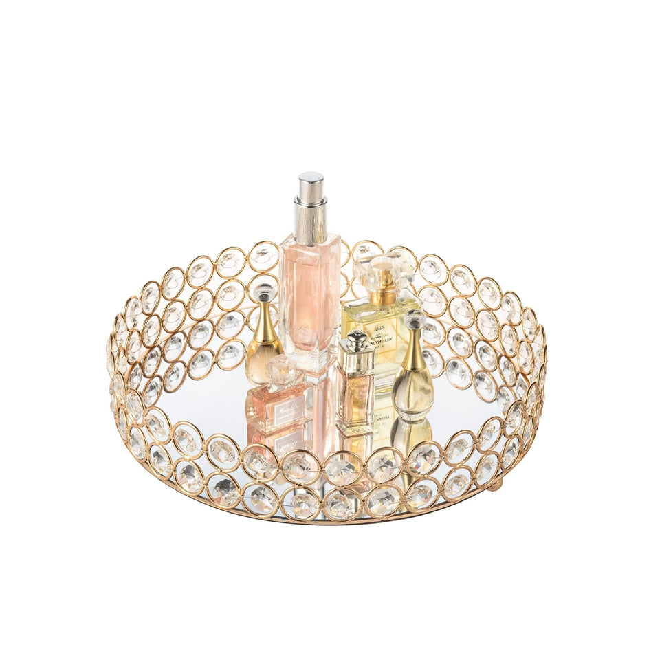 Feyarl Crystal Perfume Tray with mirrored beads for an elegant dresser display.