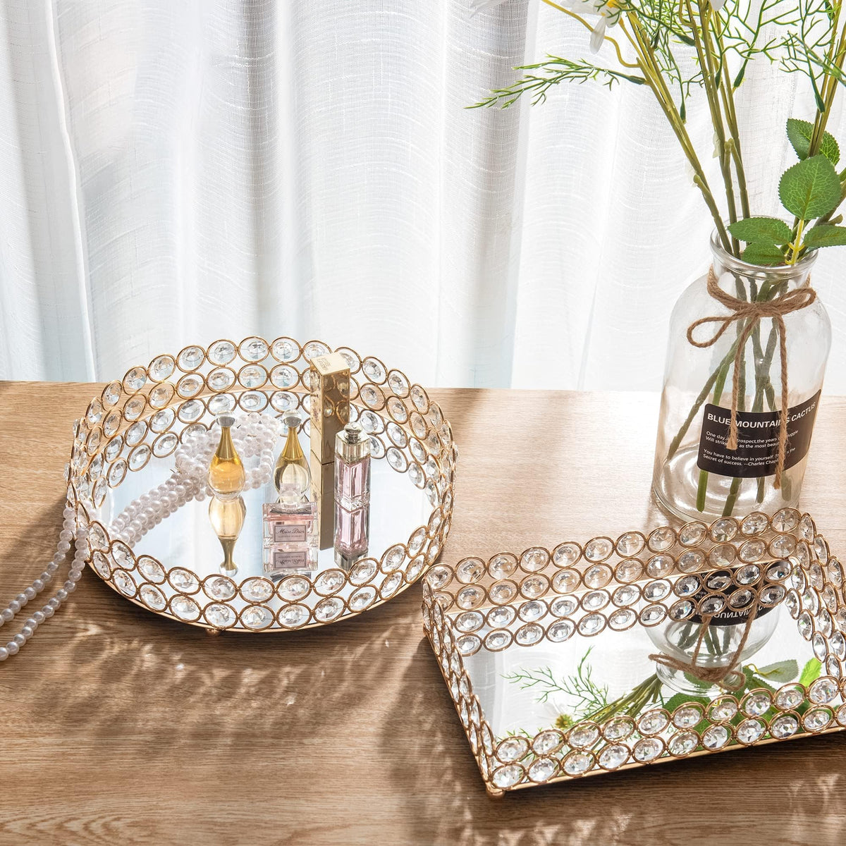 Feyarl perfume and jewelry display tray keeps essentials organized.