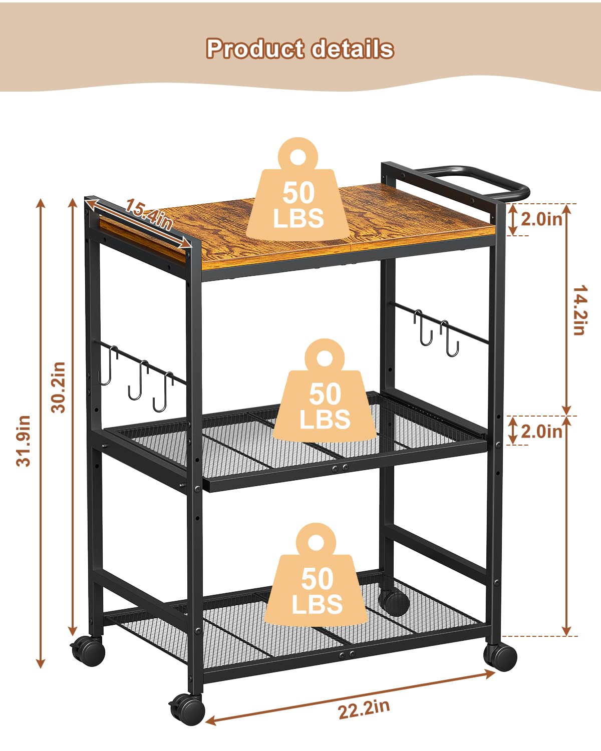 Feyejade 3-tier rolling cart with adjustable wheels for flexible storage