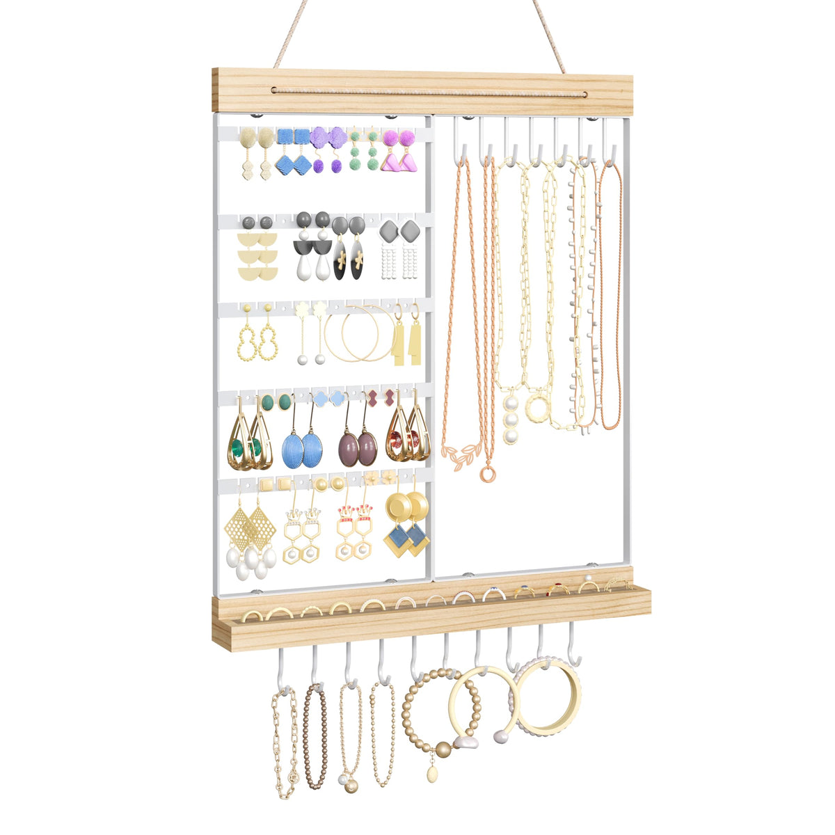 Feyejade hanging jewelry organizer stand in white keeps earrings and necklaces organized.