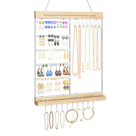 Feyejade hanging jewelry organizer stand in white keeps earrings and necklaces organized.