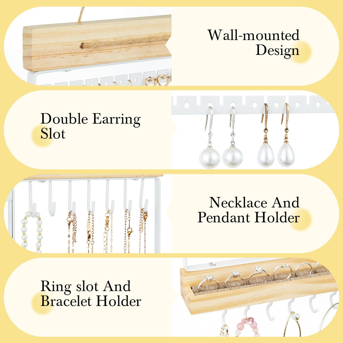 Feyejade wood and white metal display rack blends with decor.