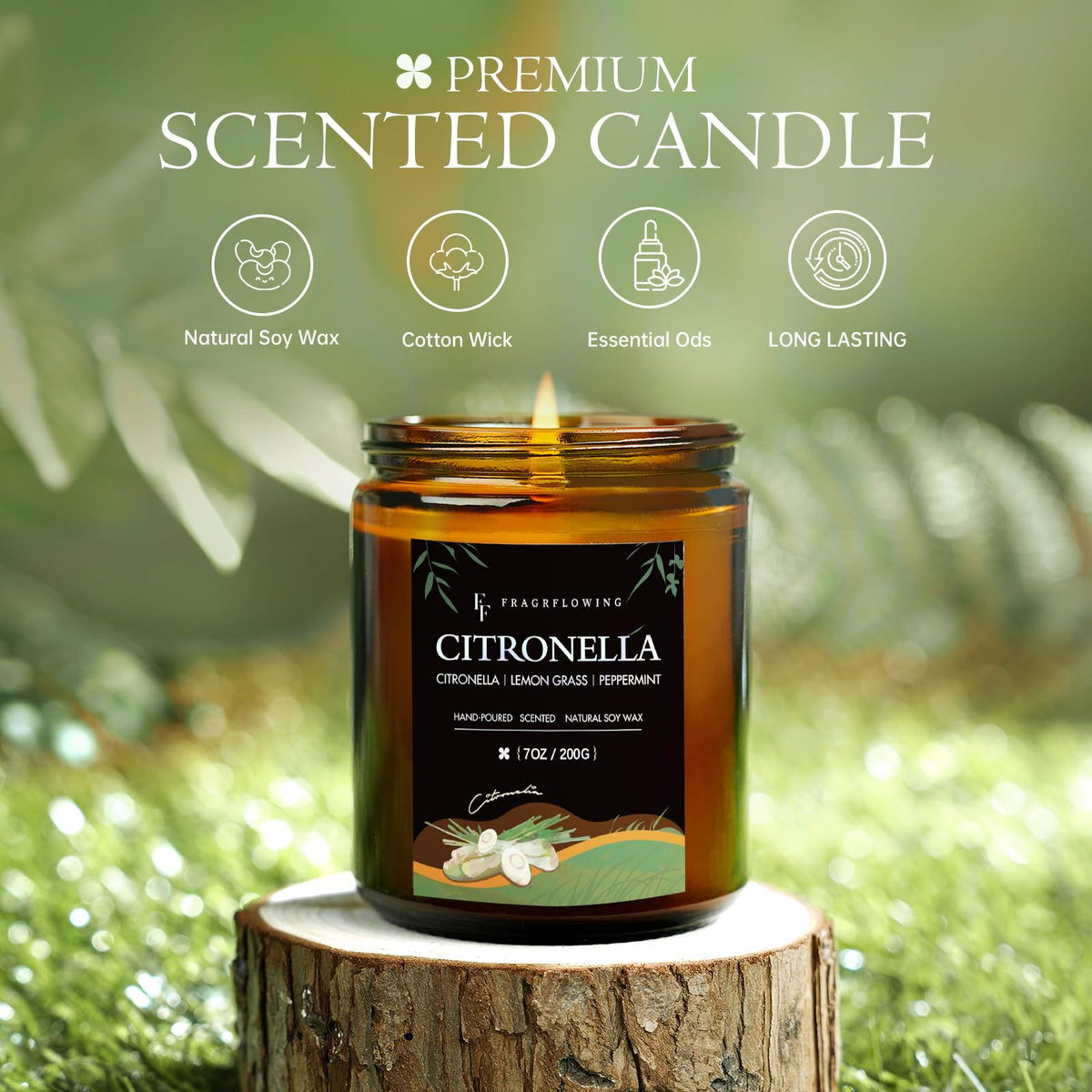 FF FRAGRFLOWING Citronella candle glowing in a living room for cozy summer vibes