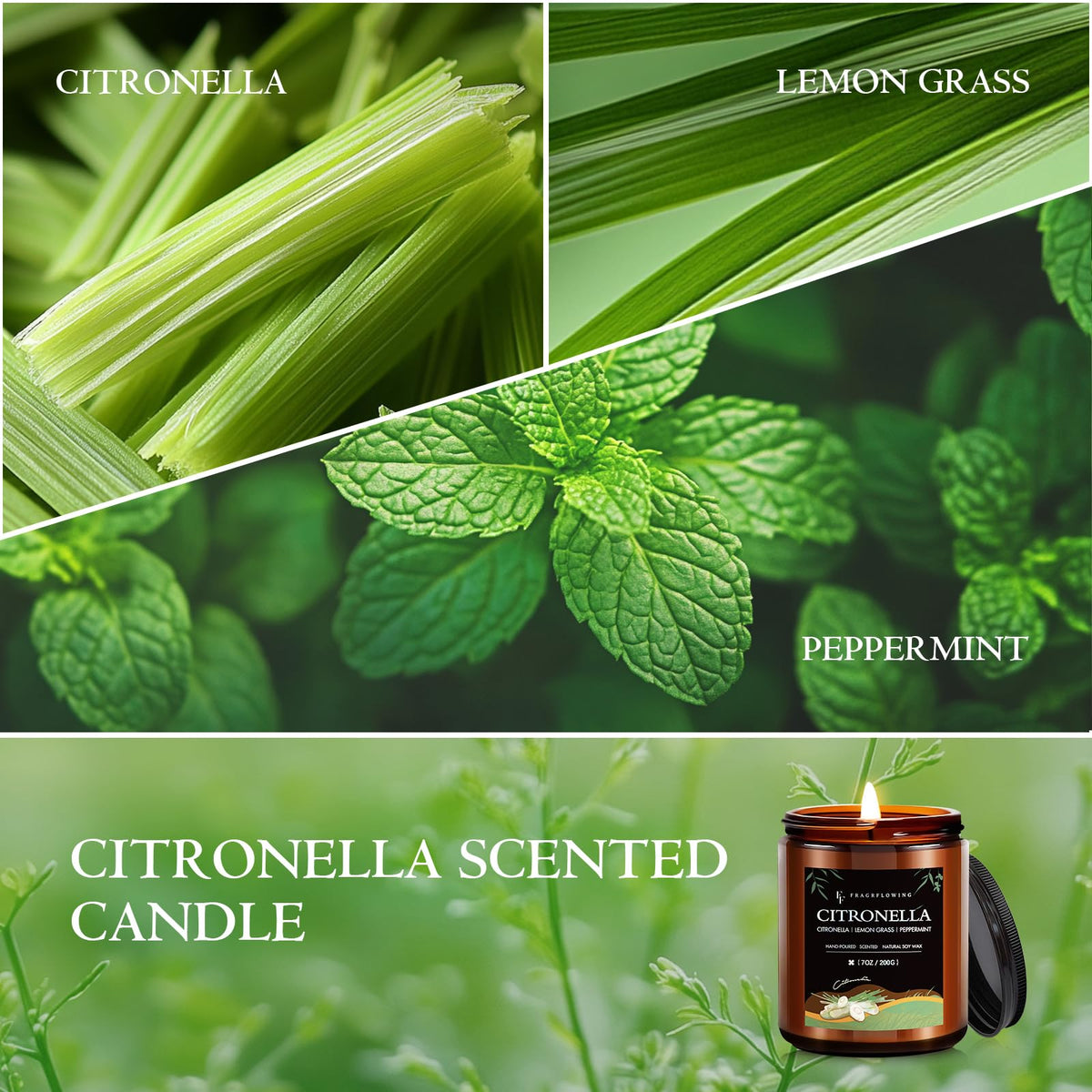 FF FRAGRFLOWING Citronella candle on outdoor table with summer evening ambience