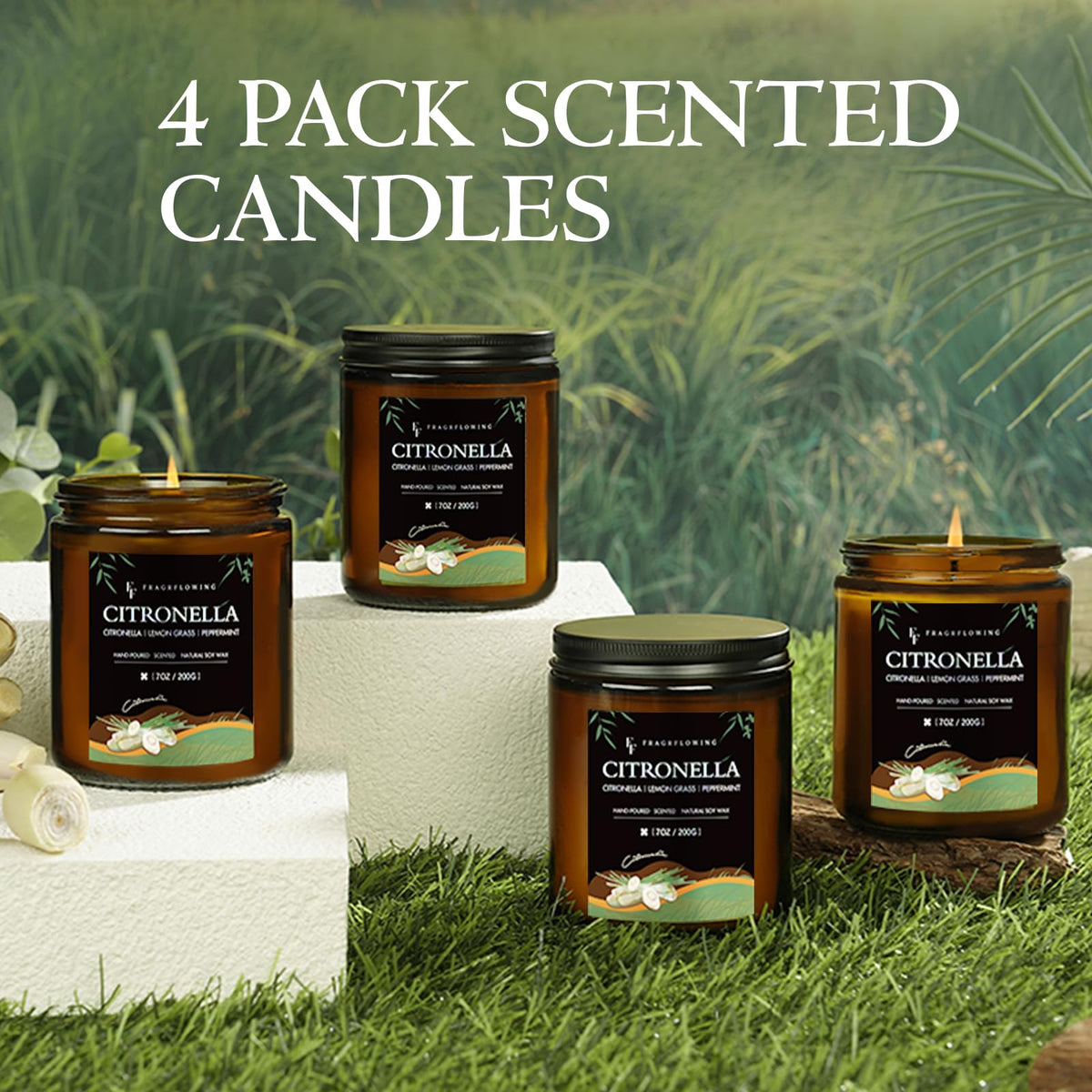 FF FRAGRFLOWING Citronella candle on patio at dusk for outdoor gatherings