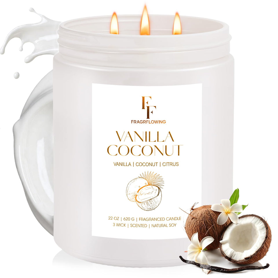 FF FRAGRFLOWING Vanilla Coconut 22oz candle jar front view for warm ambience