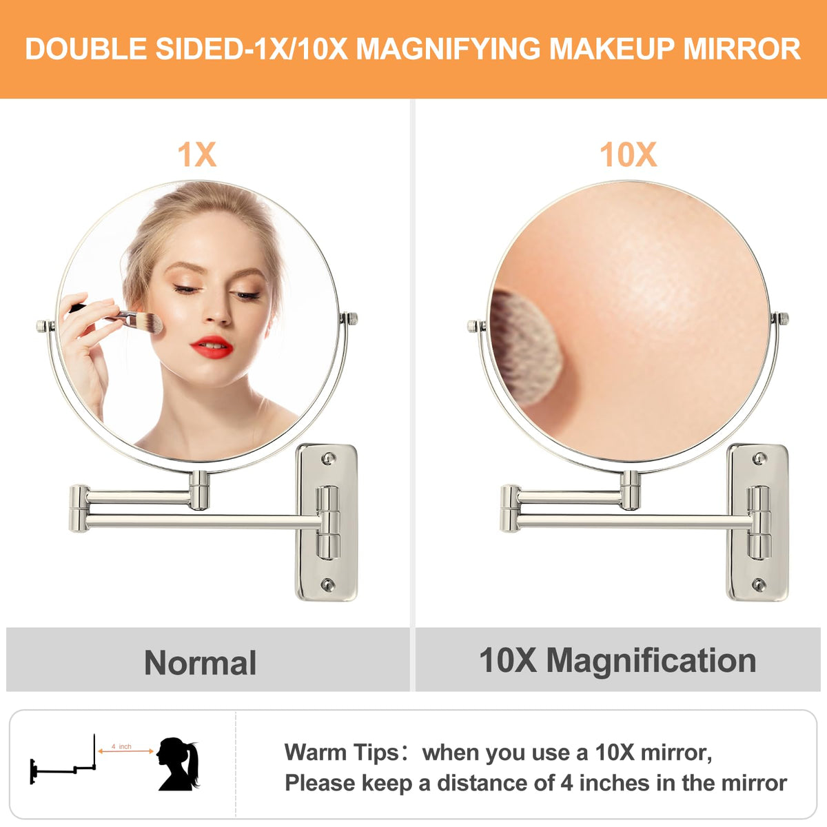 FFowcye folding-arm wall mirror enables space-saving makeup application.
