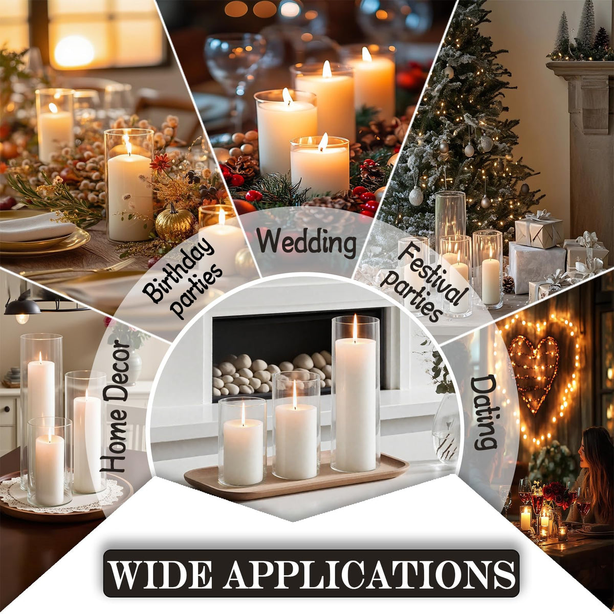 FFUW white pillar candles paired with hurricane holders ideal for wedding tables