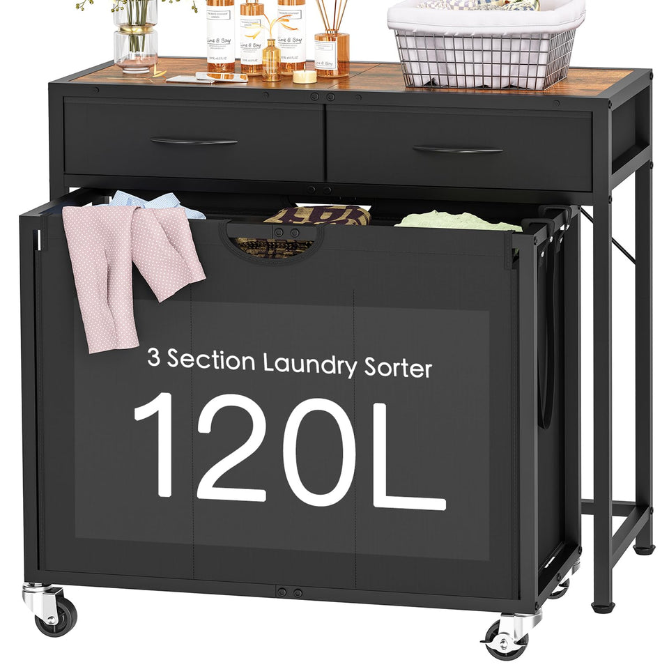 FGNTWP laundry sorter with three-section pull-out bags helps organize fabrics by color and dirt level