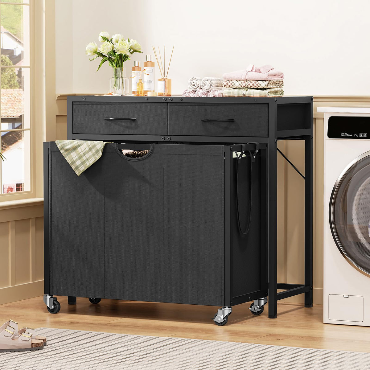 FGNTWP versatile design doubles as entryway console and laundry sorter
