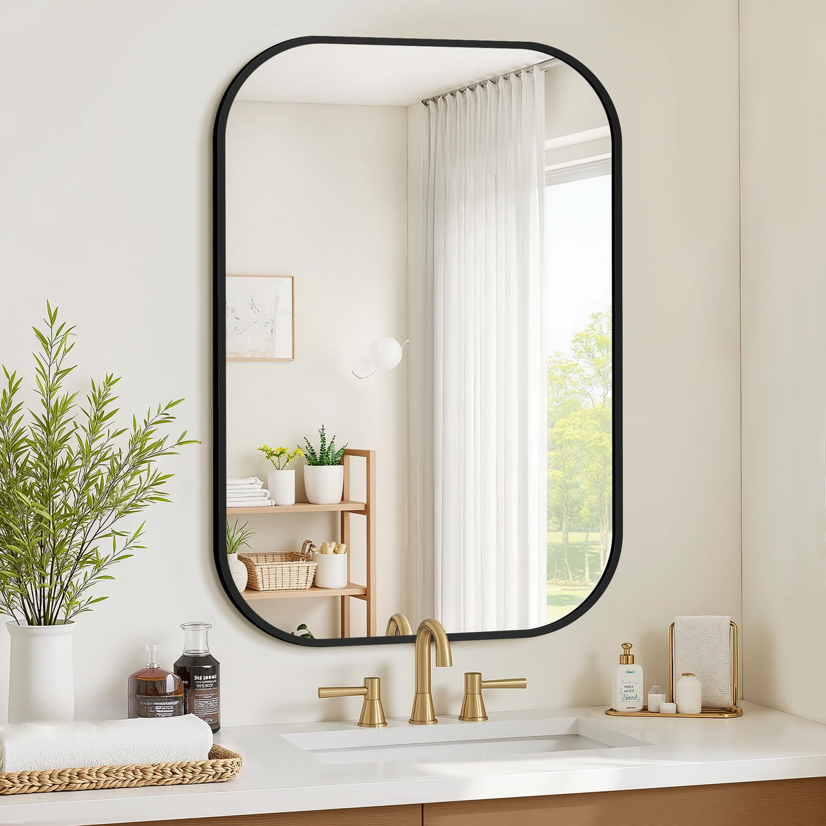 FGU bathroom mirror front view with black frame for a sleek modern look