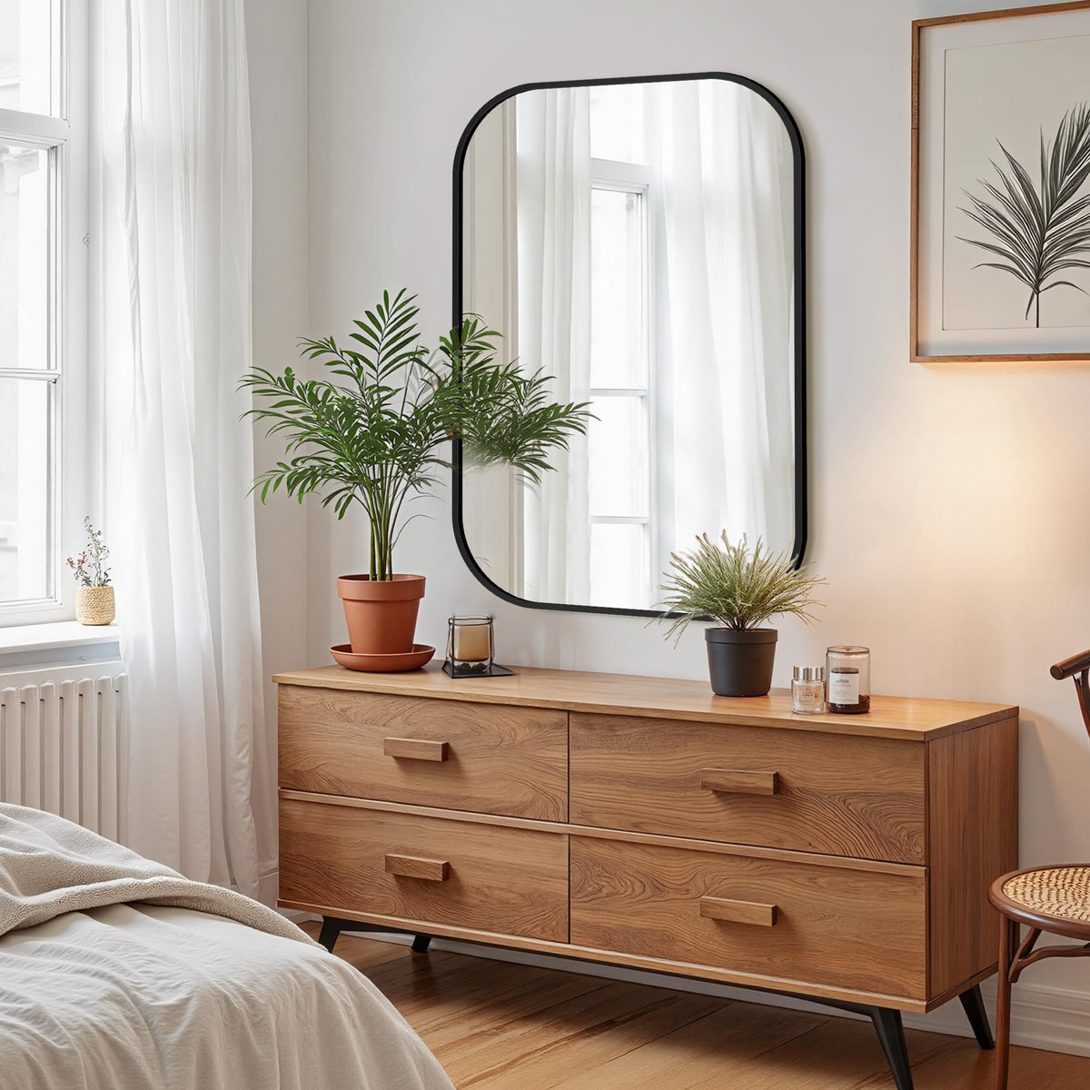 FGU matte black frame on bathroom mirror adds scratch-resistant style