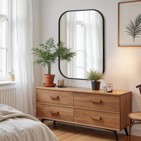 FGU matte black frame on bathroom mirror adds scratch-resistant style