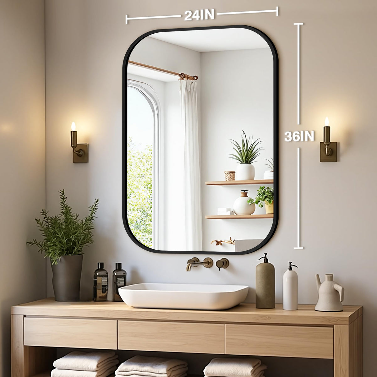 FGU bathroom mirror over sink in 24x36 size illustrating vertical mounting
