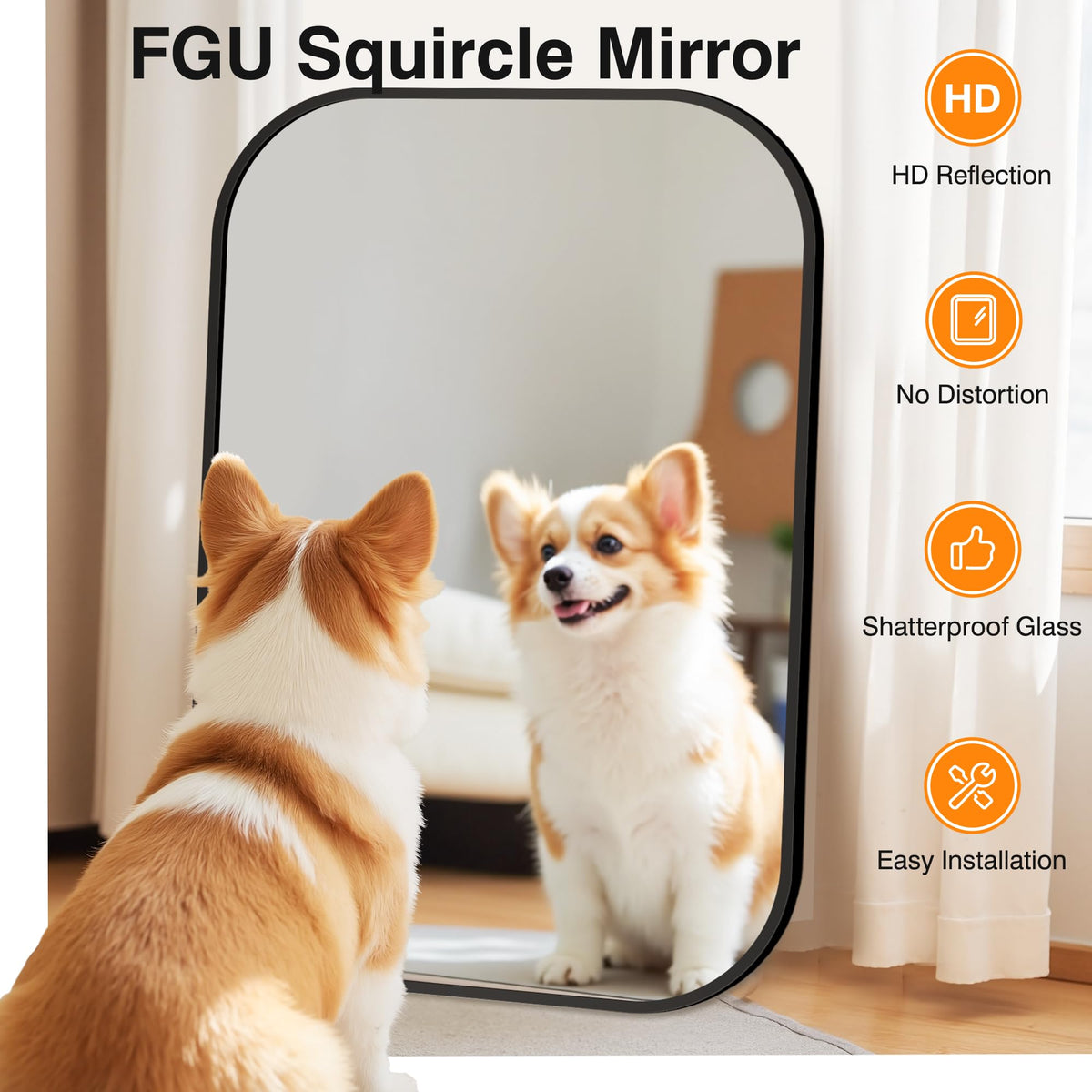 FGU mirror close-up shows shatterproof glass and safety features
