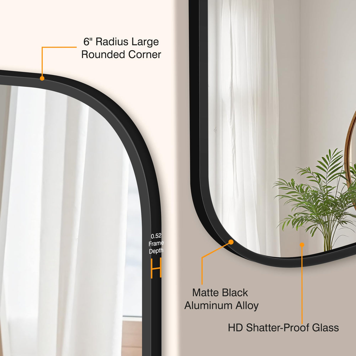 FGU bathroom mirror side angle highlights the black matte frame