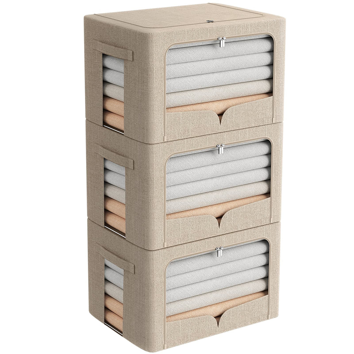 FHSQX 3-pack clothes storage bin with beige fabric and clear window for easy viewing.
