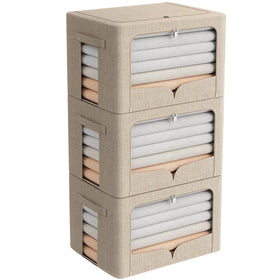 FHSQX 3-pack clothes storage bin with beige fabric and clear window for easy viewing.