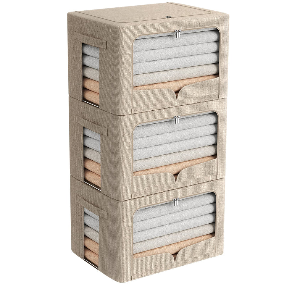 FHSQX 3-pack clothes storage bin with beige fabric and clear window for easy viewing.
