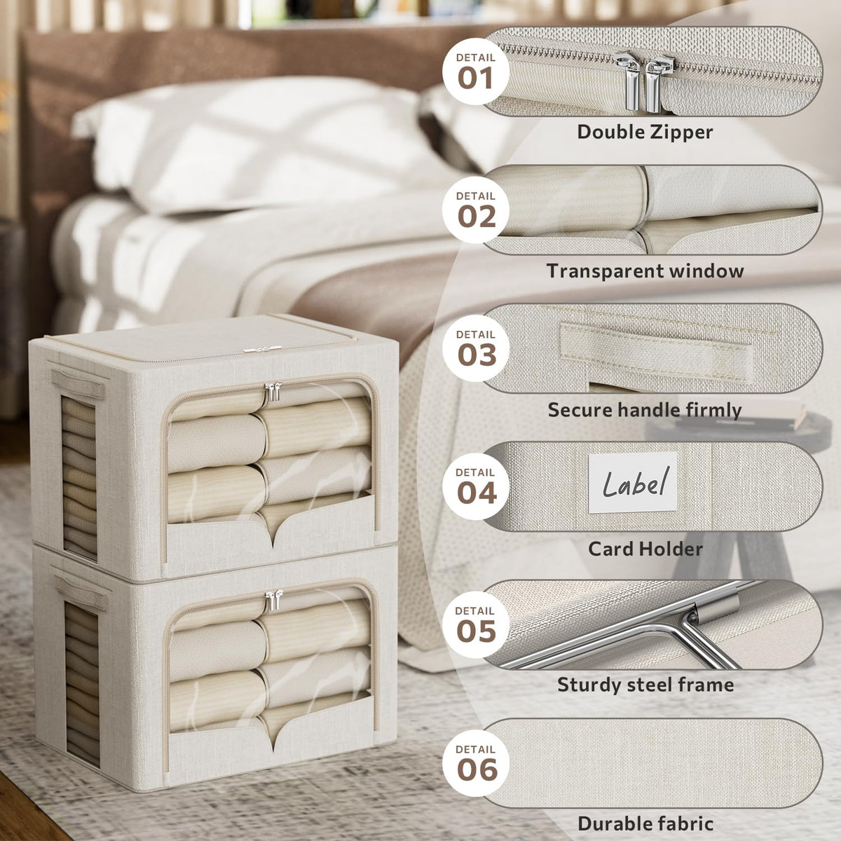 FHSQX under-bed storage bin keeps items neatly tucked away.