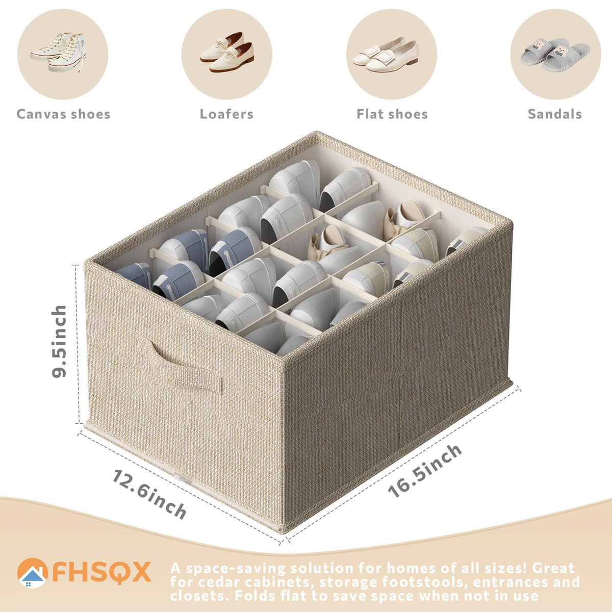 Organizer holds up to 12 shoes with vertical dividers in a closet