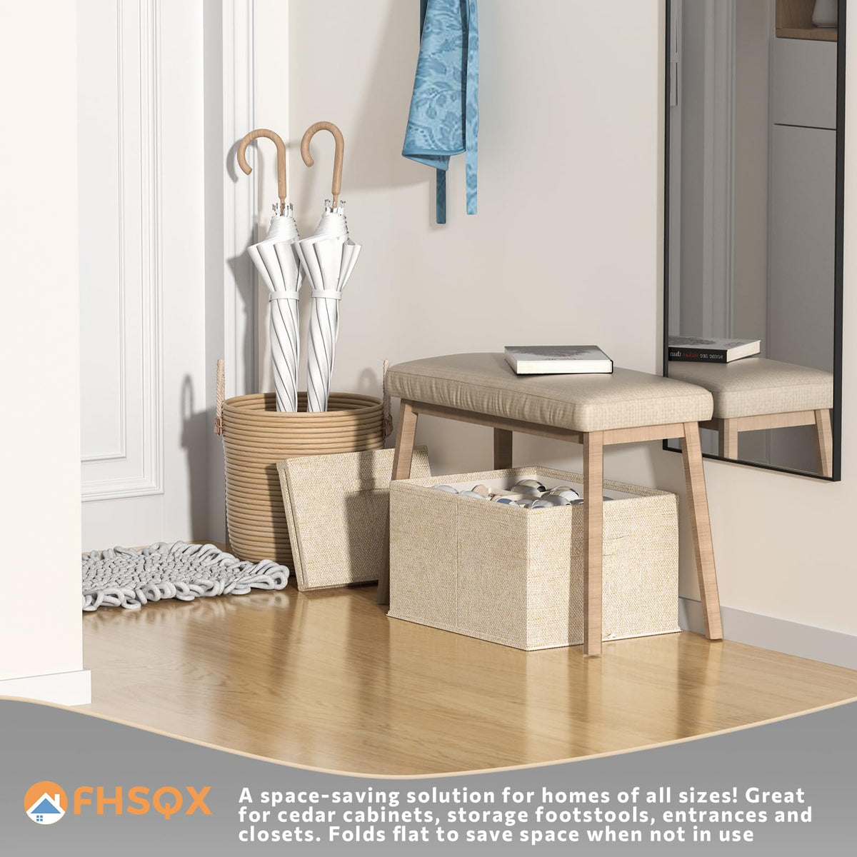 Shoes neatly organized inside a cedar chest or storage ottoman