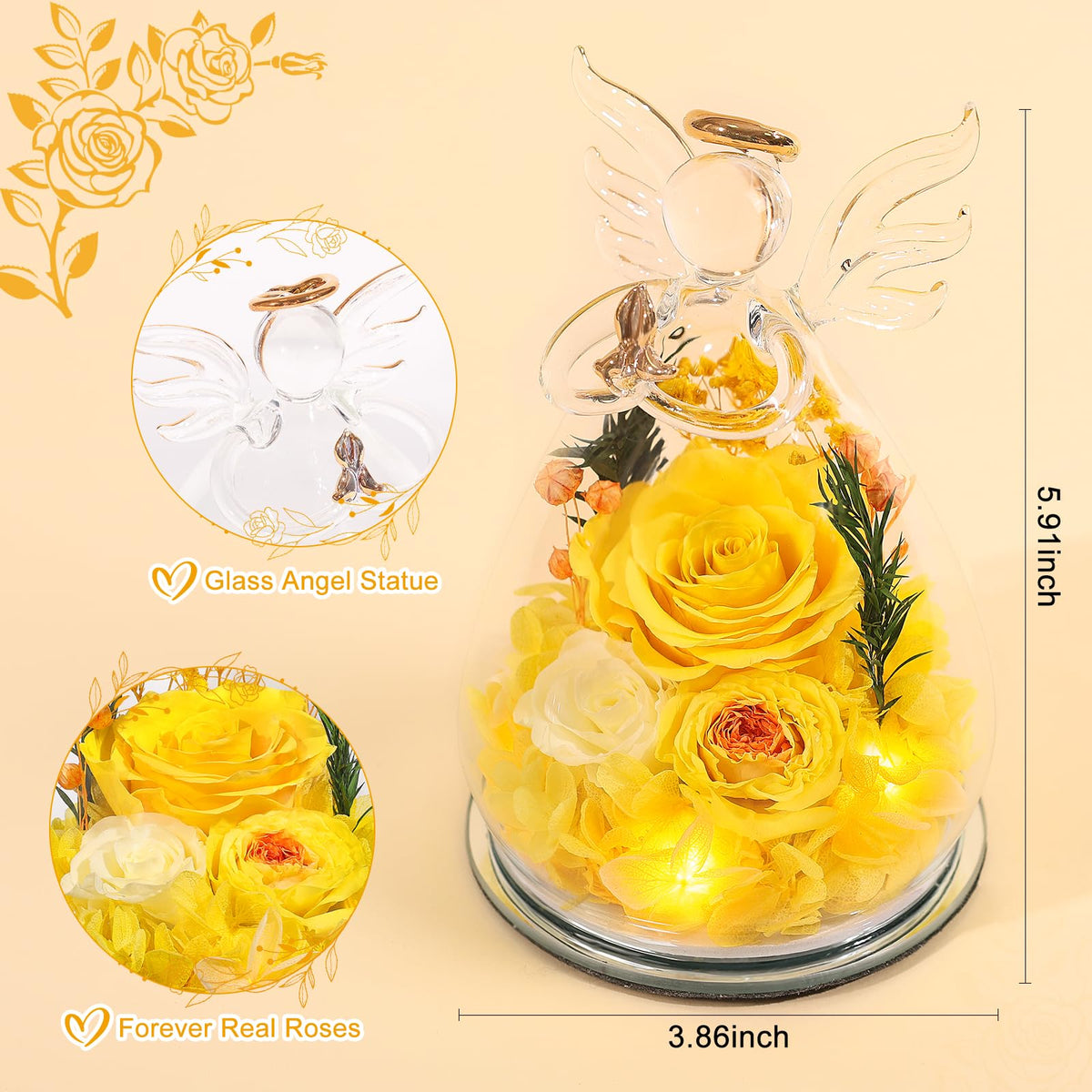 FIACO LED-illuminated angel figurine with three preserved roses for romantic ambiance