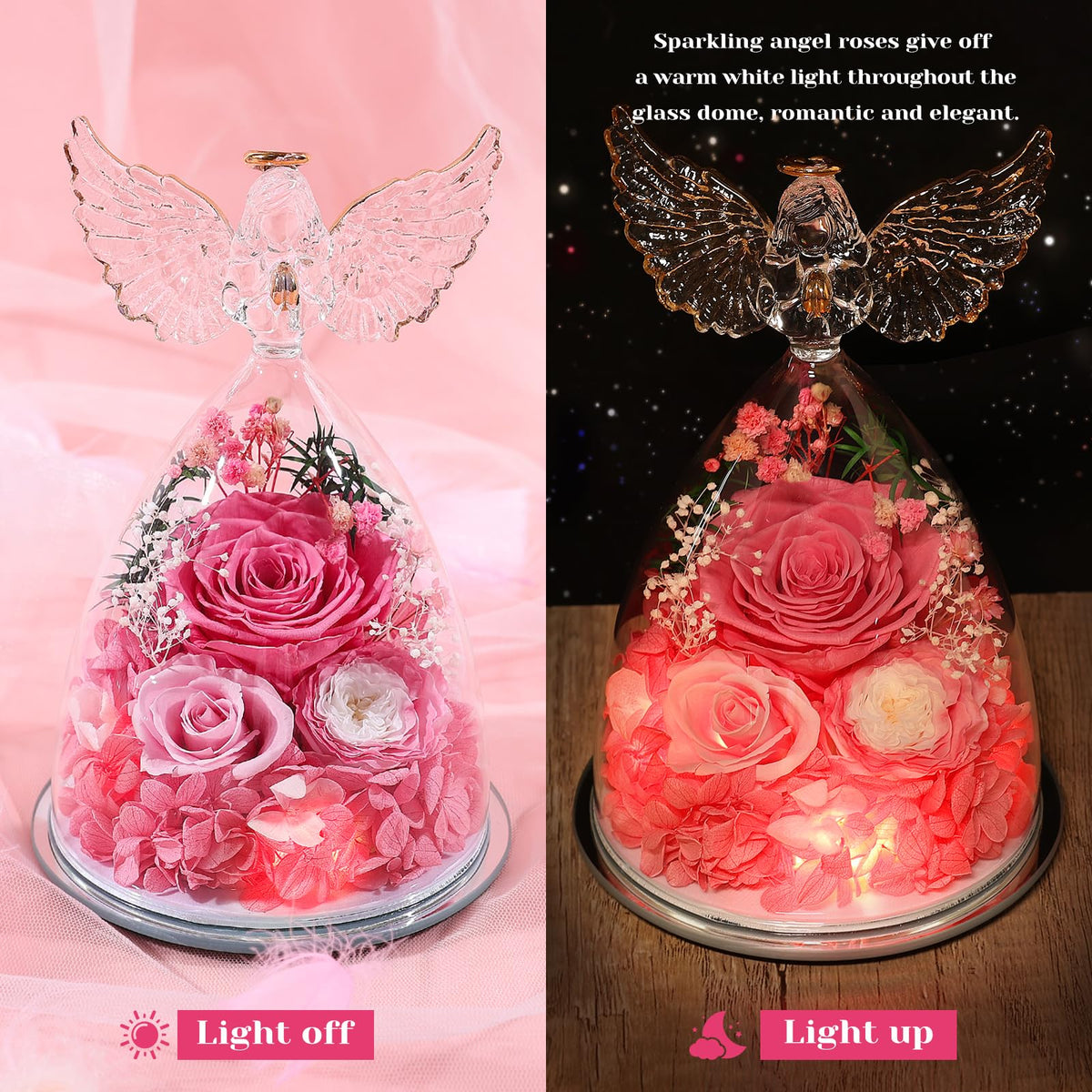 FIACO angel figurine with preserved rose display for elegant decor