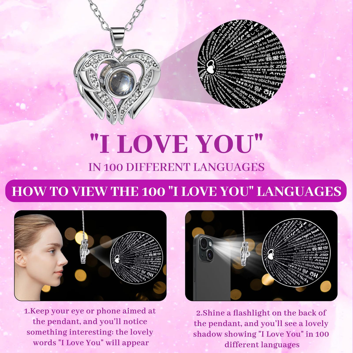 FIACO angel wing pendant accompanies a real rose for a thoughtful keepsake.