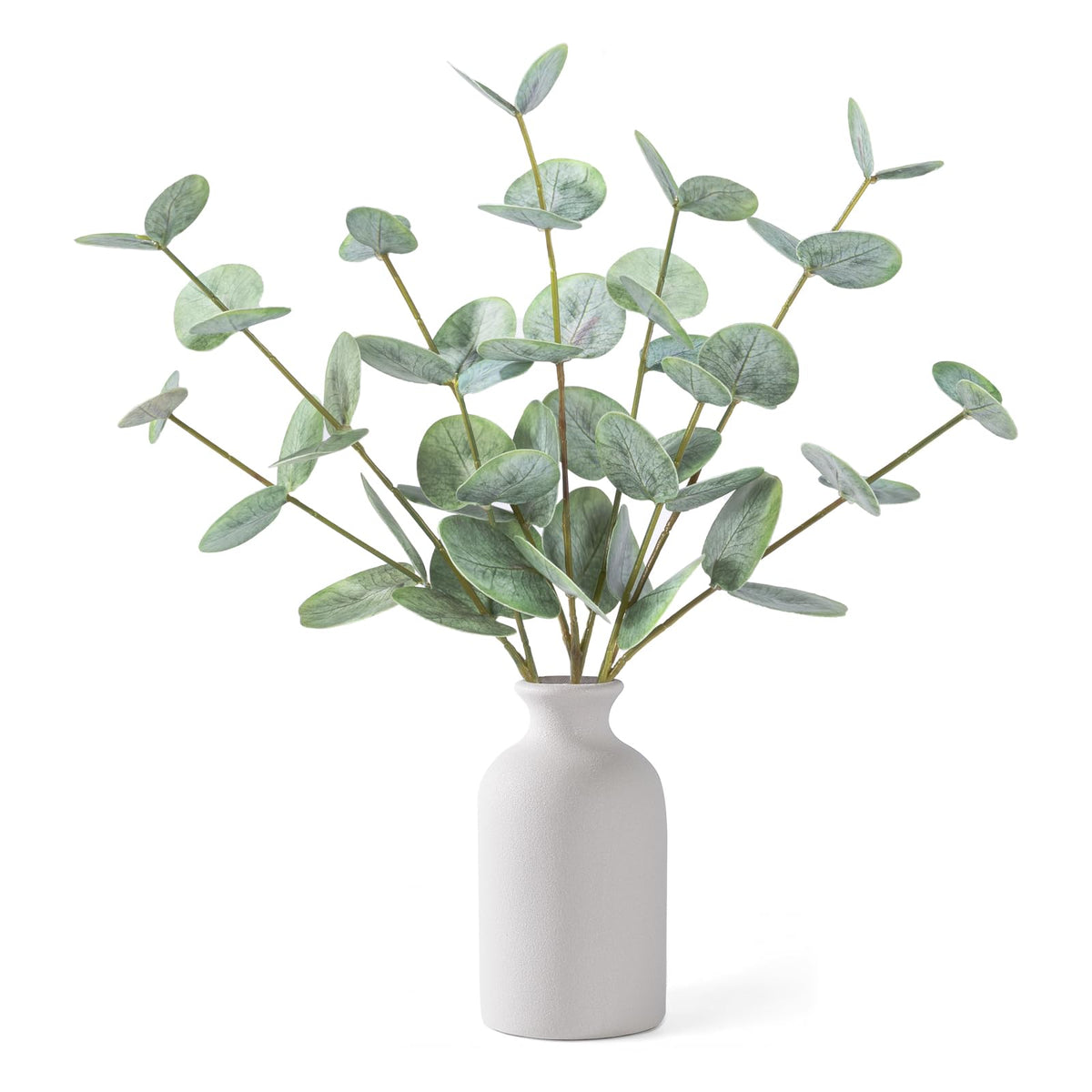 FIACO artificial eucalyptus stems in a white ceramic vase for timeless decor.