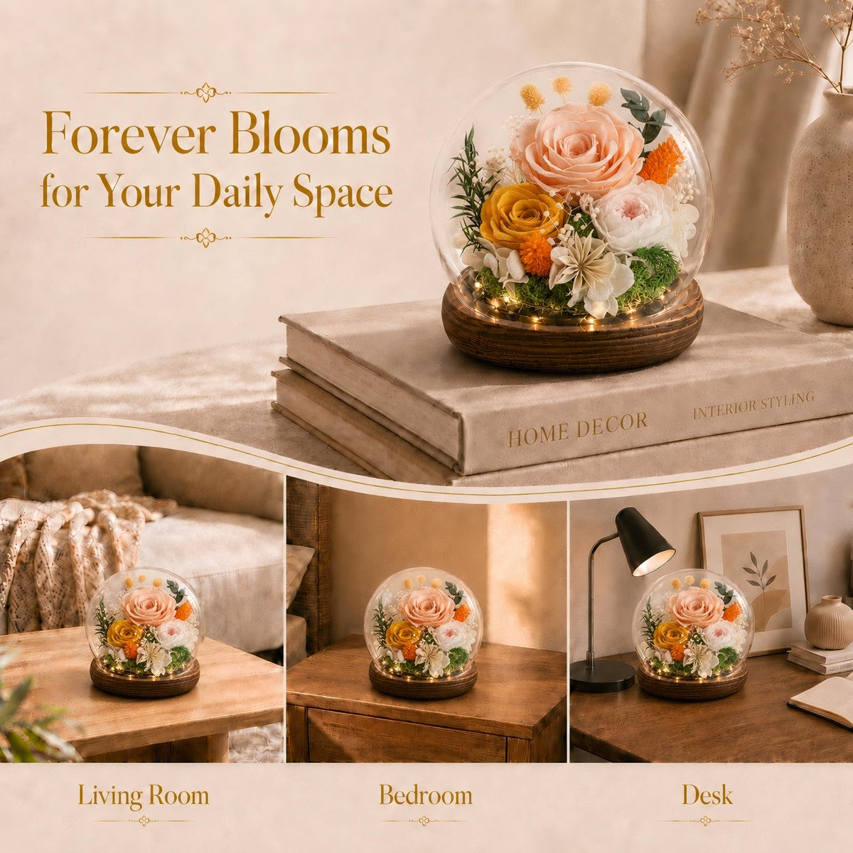 FIACO preserved rose on wooden base adds a warm focal point