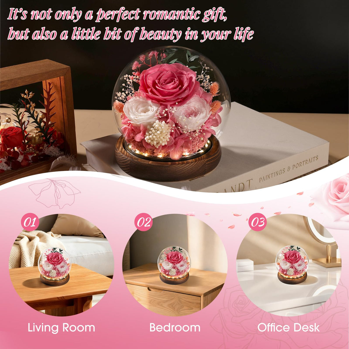 Elegant FIACO rose in dome display enhances home decor.