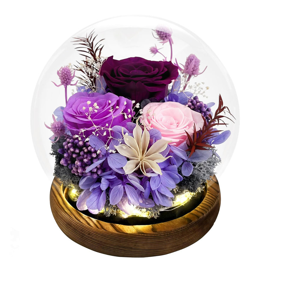 FIACO eternal rose in glass dome on wooden base for elegant home decor.