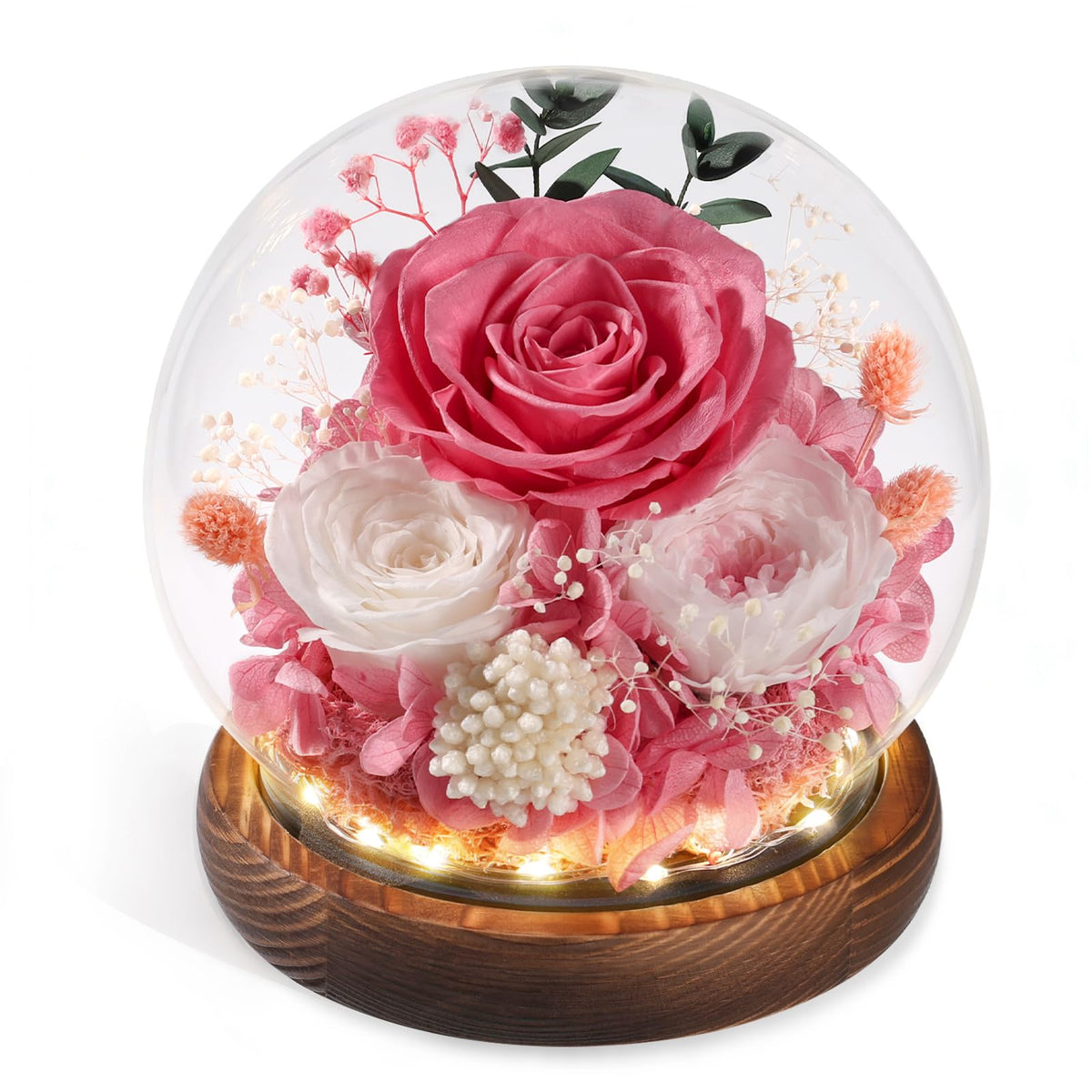 FIACO eternal rose in glass dome on wooden base for elegant gifting.