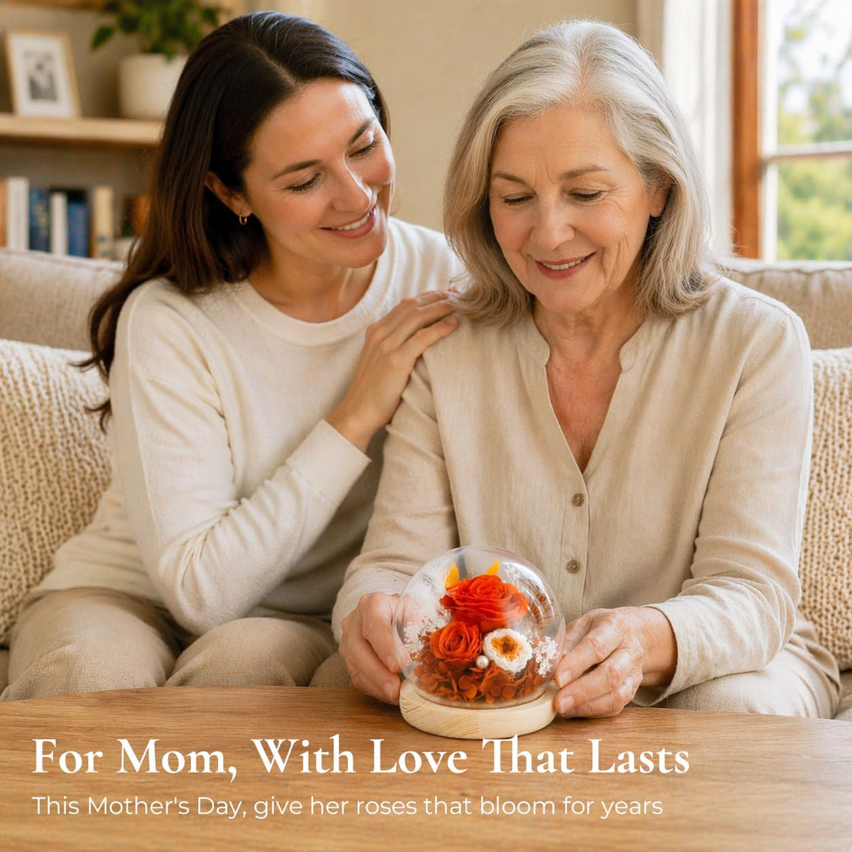 FIACO eternal rose in glass dome with LED light, enhances home ambiance.